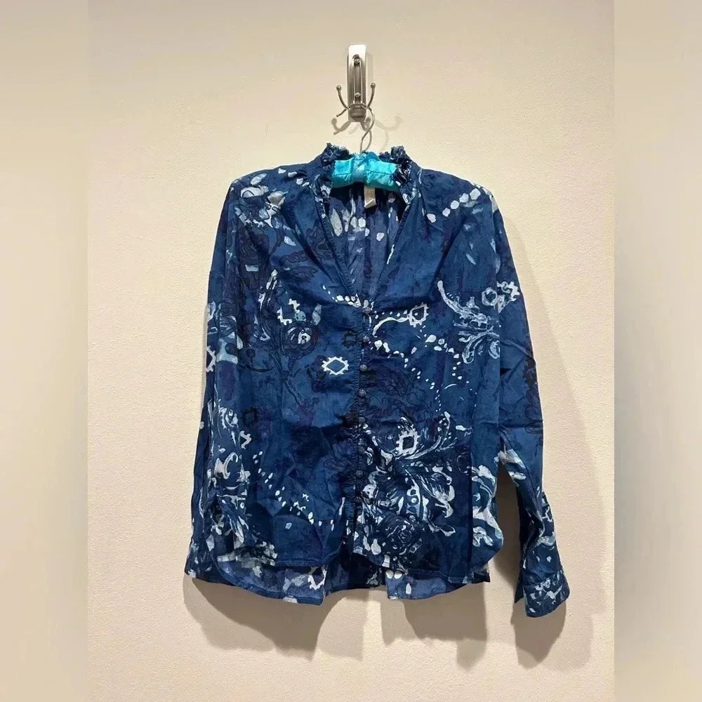 Anthropologie PILCRO Tavi Long Sleeve Blouse Indigo Dyed Blue / Size Small / - Picture 4 of 12